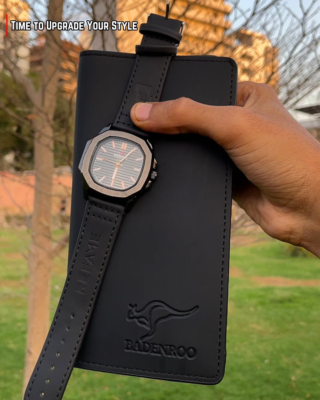 3 in 1 Premium Men’s Combo — Leather Long Wallet + Classic Watch + Stylish Sunglasses