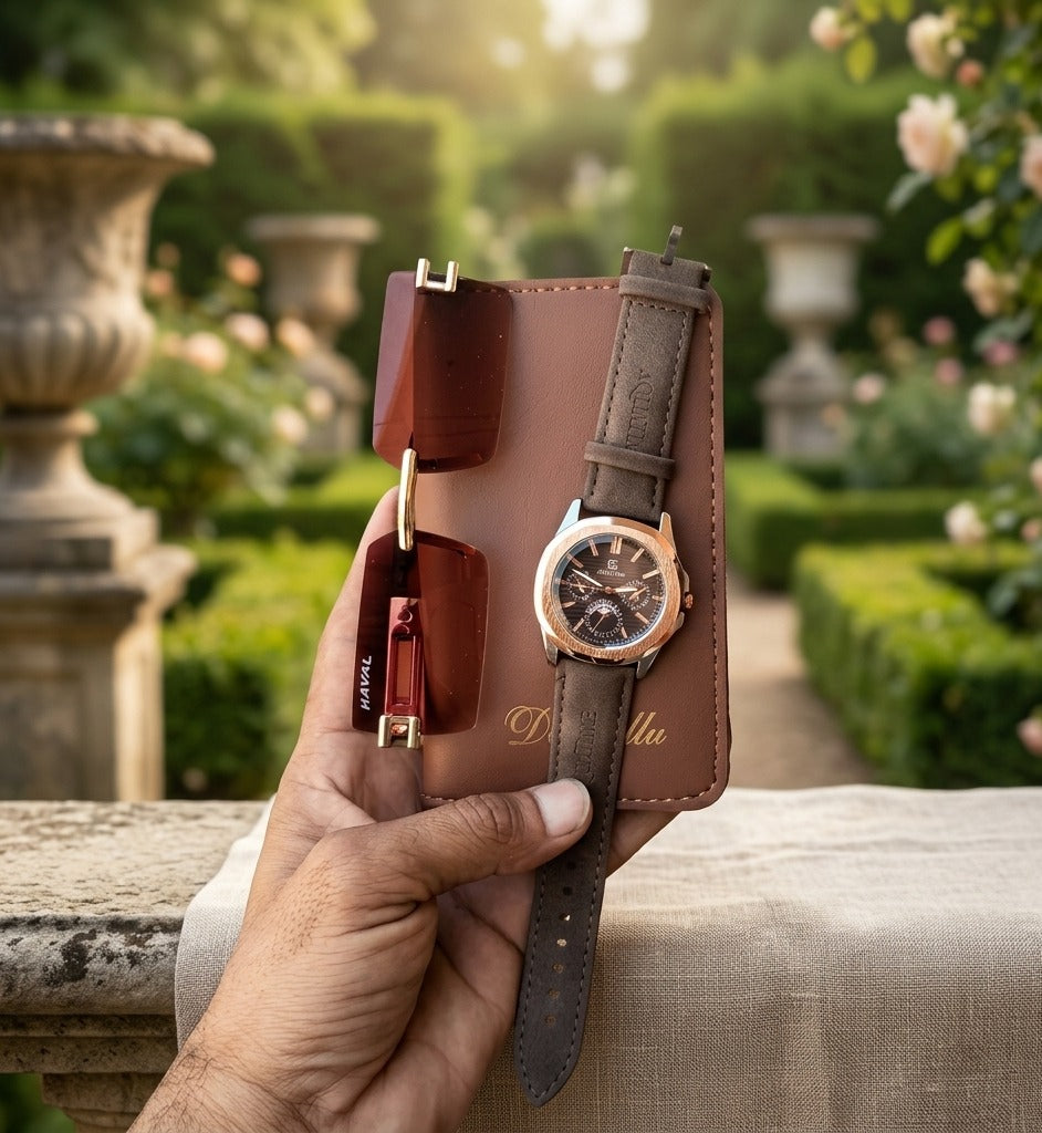 3 in 1 Premium Men’s Combo — Leather Long Wallet + Classic Watch + Stylish Sunglasses