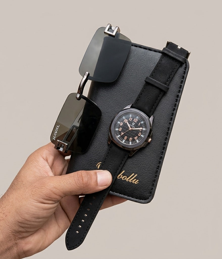 3 in 1 Premium Men’s Combo — Leather Long Wallet + Classic Watch + Stylish Sunglasses