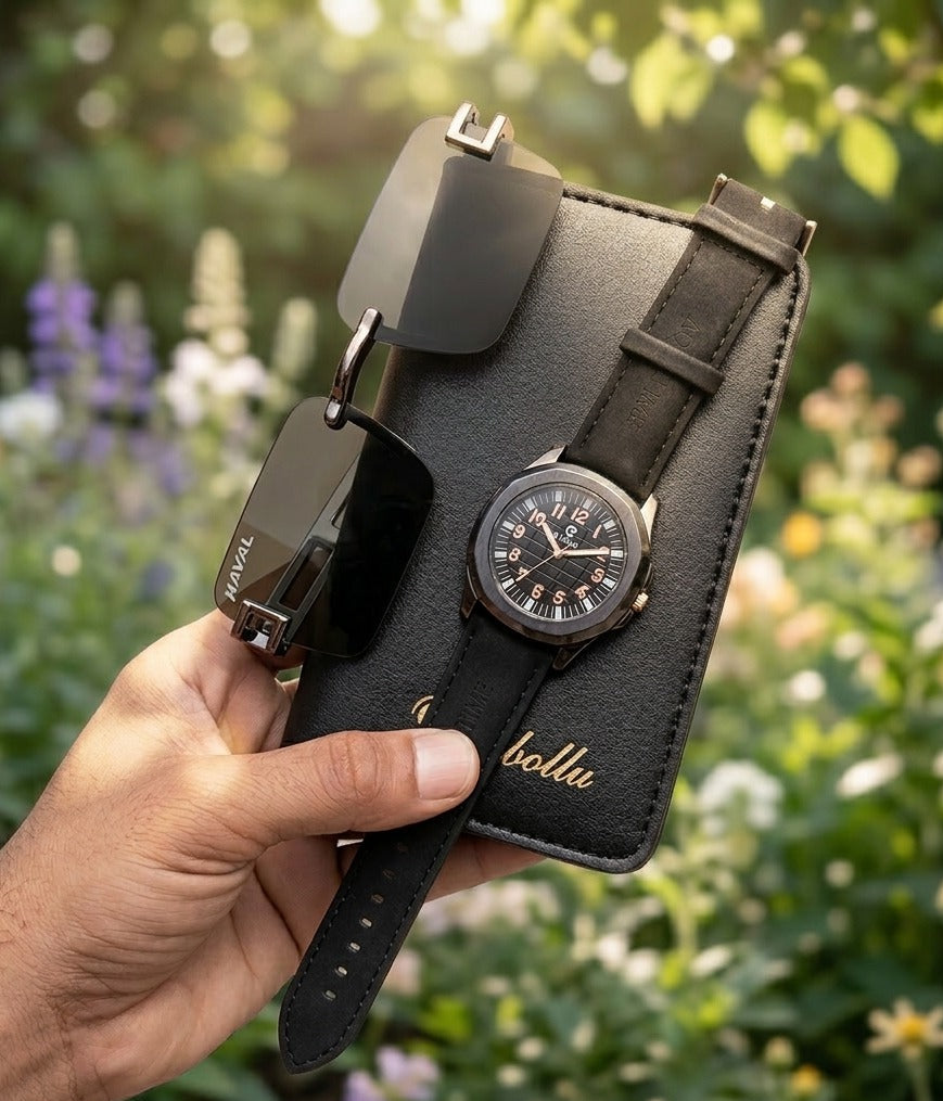 3 in 1 Premium Men’s Combo — Leather Long Wallet + Classic Watch + Stylish Sunglasses