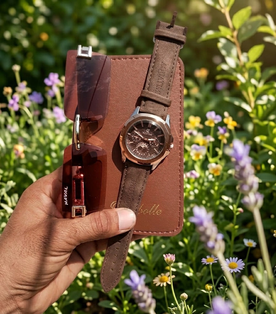 3 in 1 Premium Men’s Combo — Leather Long Wallet + Classic Watch + Stylish Sunglasses