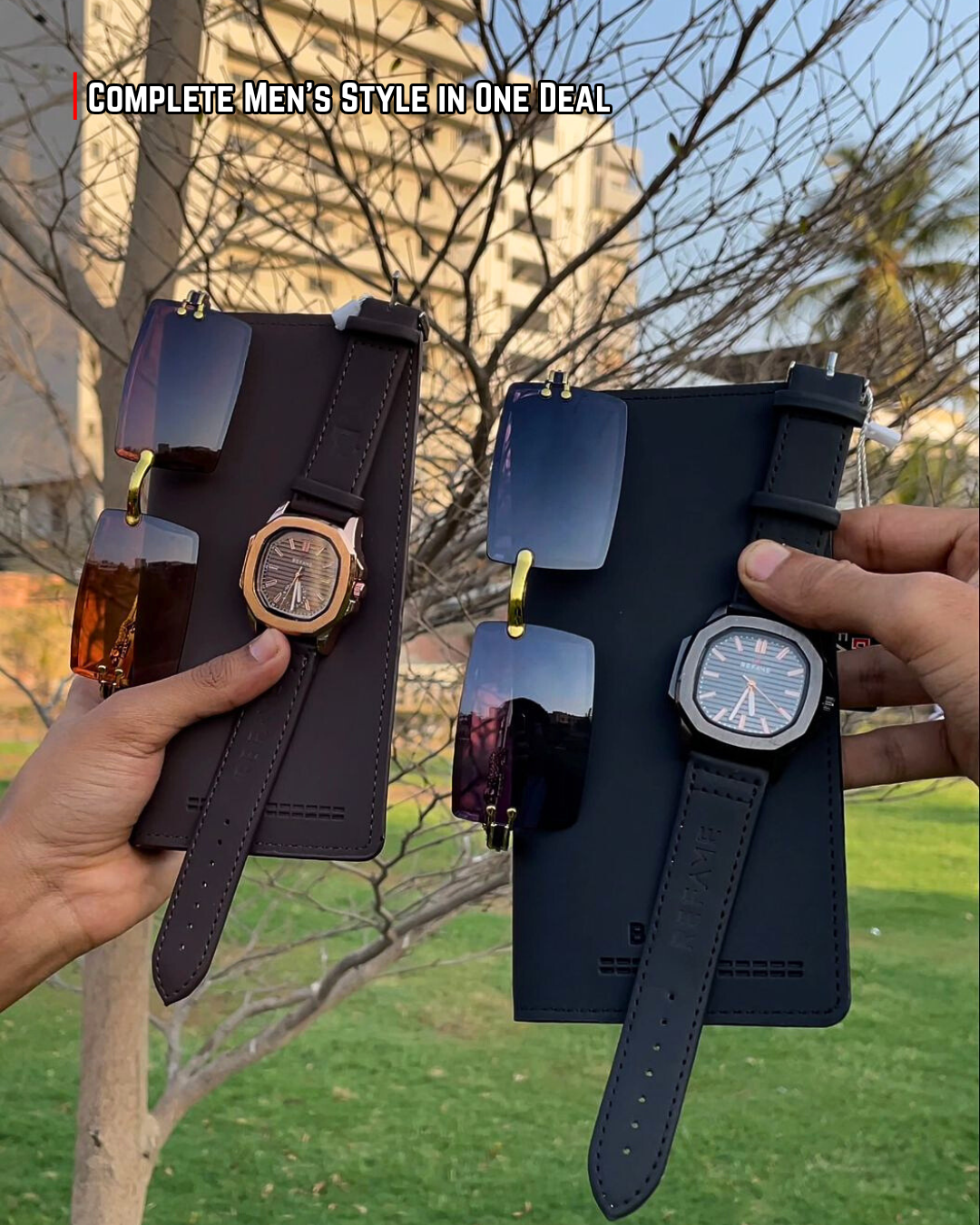 3 in 1 Premium Men’s Combo — Leather Long Wallet + Classic Watch + Stylish Sunglasses